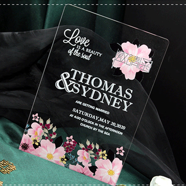 Elegant Acrylic Wedding Invites with Pink Flower A045