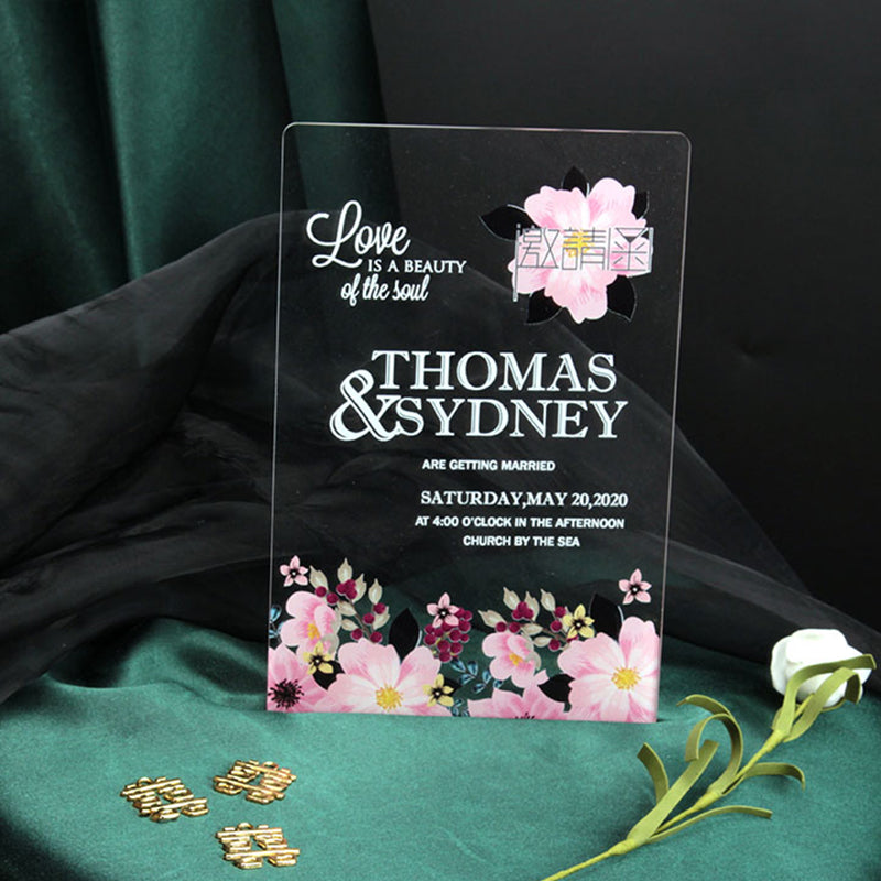 Elegant Acrylic Wedding Invites with Pink Flower A045