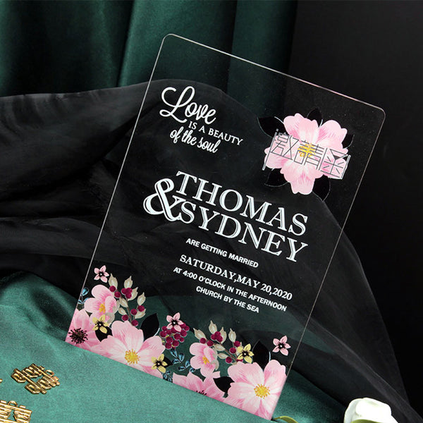 Elegant Acrylic Wedding Invites with Pink Flower A045