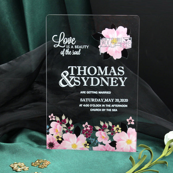 Elegant Acrylic Wedding Invites with Pink Flower A045