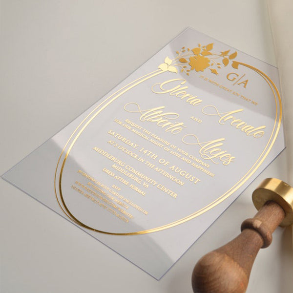 Elegant Burgundy Acrylic Wedding Invitations with Real Foil A024