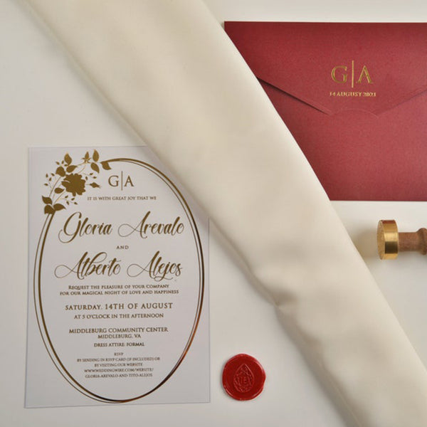 Elegant Burgundy Acrylic Wedding Invitations with Real Foil A024