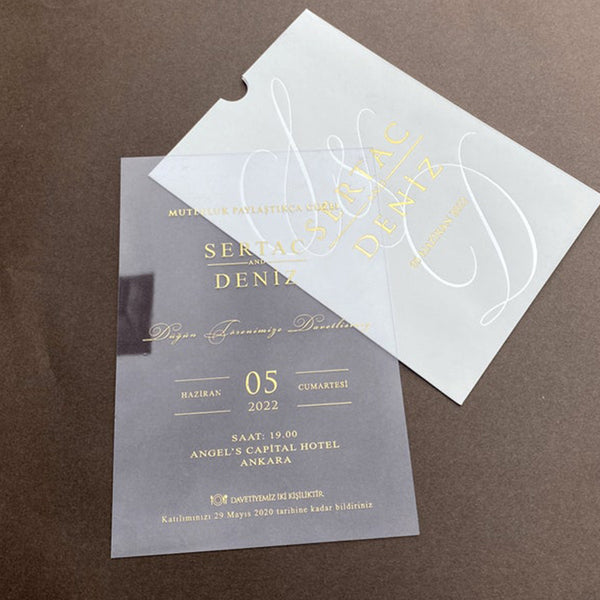 Elegant Clear Acrylic Wedding Invitation with Gold Foil and White Pocket A023