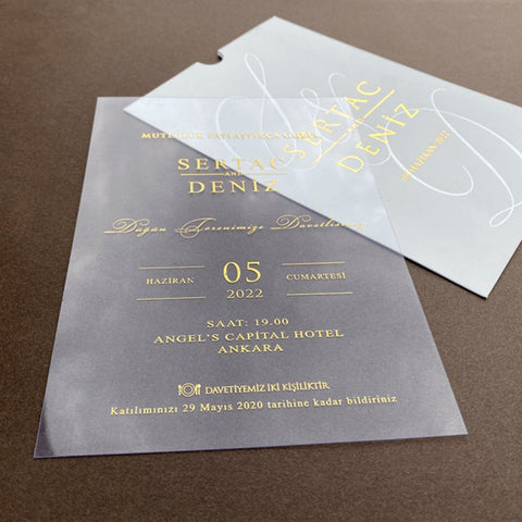 Elegant Clear Acrylic Wedding Invitation with Gold Foil and White Pocket A023