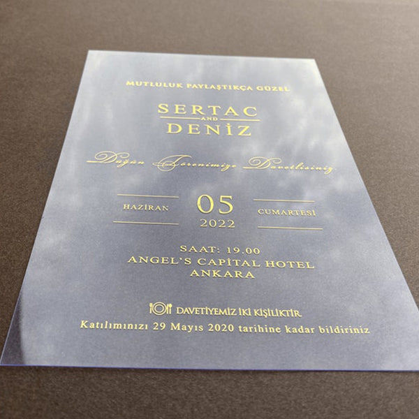 Elegant Clear Acrylic Wedding Invitation with Gold Foil and White Pocket A023