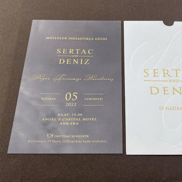 Elegant Clear Acrylic Wedding Invitation with Gold Foil and White Pocket A023