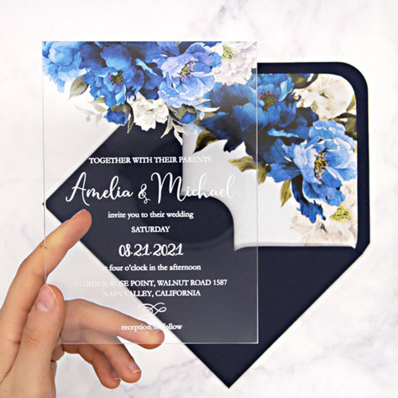 Elegant Clear Acrylic Wedding Invitation with Navy Blue and White Peony A029