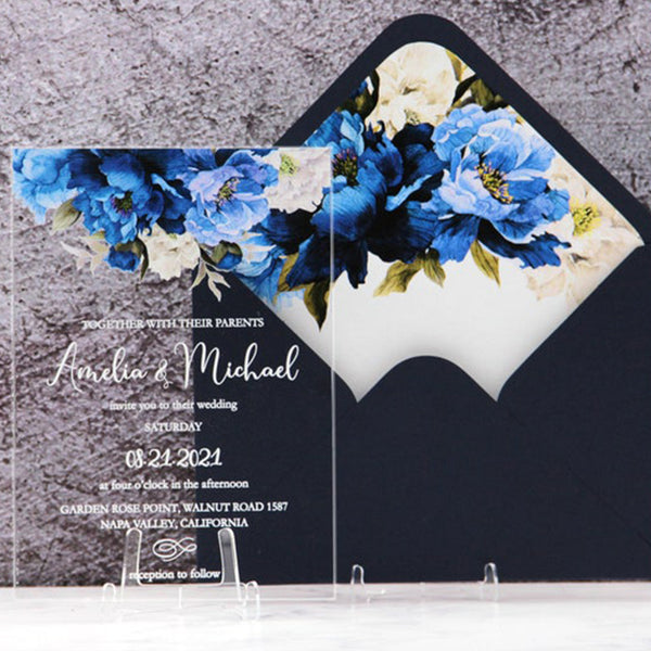 Elegant Clear Acrylic Wedding Invitation with Navy Blue and White Peony A029