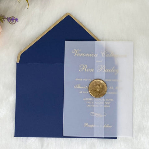 Elegant Frosted Acrylic Wedding Invitation with Navy Envelopes A016