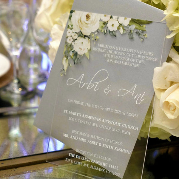 Elegant Clear Wedding Invitations with Floral Design A025