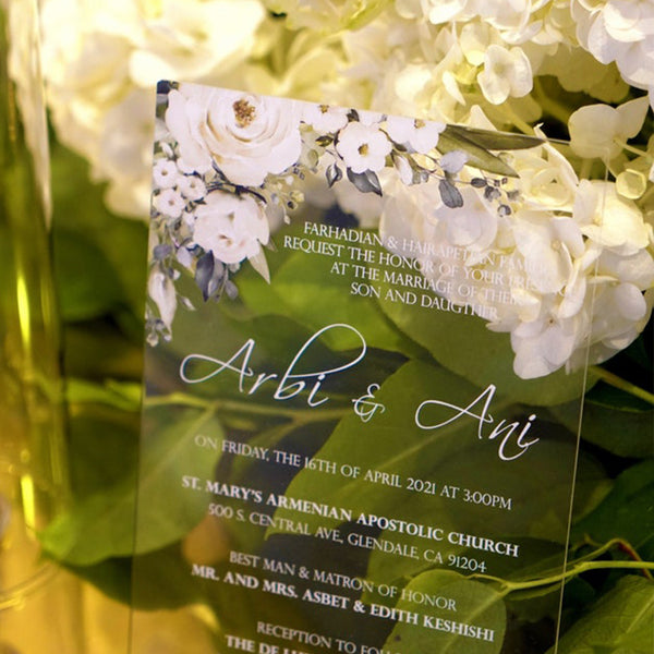 Elegant Clear Wedding Invitations with Floral Design A025