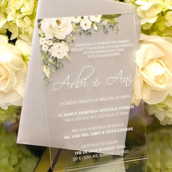 Elegant Clear Wedding Invitations with Floral Design A025