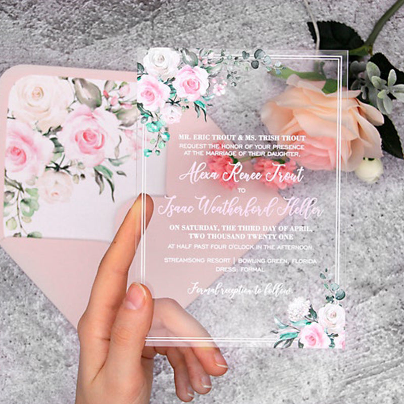 Elegant Floral Acrylic Wedding Invitations for Spring and Summer Wedding A008