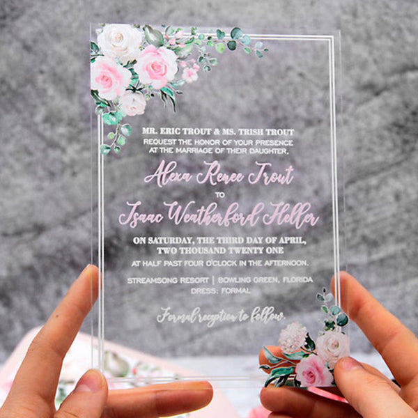 Elegant Floral Acrylic Wedding Invitations for Spring and Summer Wedding A008
