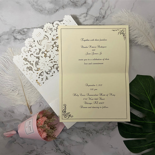 Elegant Ivory Floral Letterpress Wedding Invitation with Folded Design LCZ218