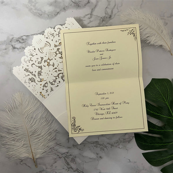 Elegant Ivory Floral Letterpress Wedding Invitation with Folded Design LCZ218