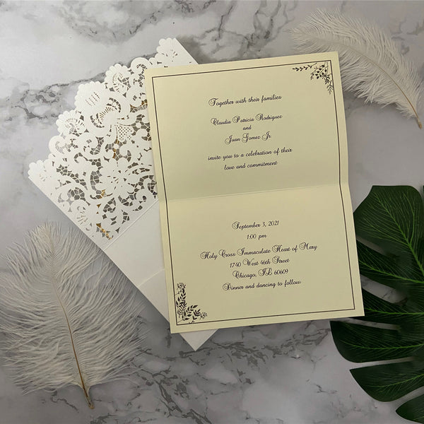 Elegant Ivory Floral Letterpress Wedding Invitation with Folded Design LCZ218