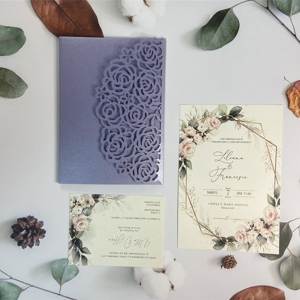 Elegant Purple Laser Cut Pocket Fold with Pink Flowers and Greenery Designs LCZ228