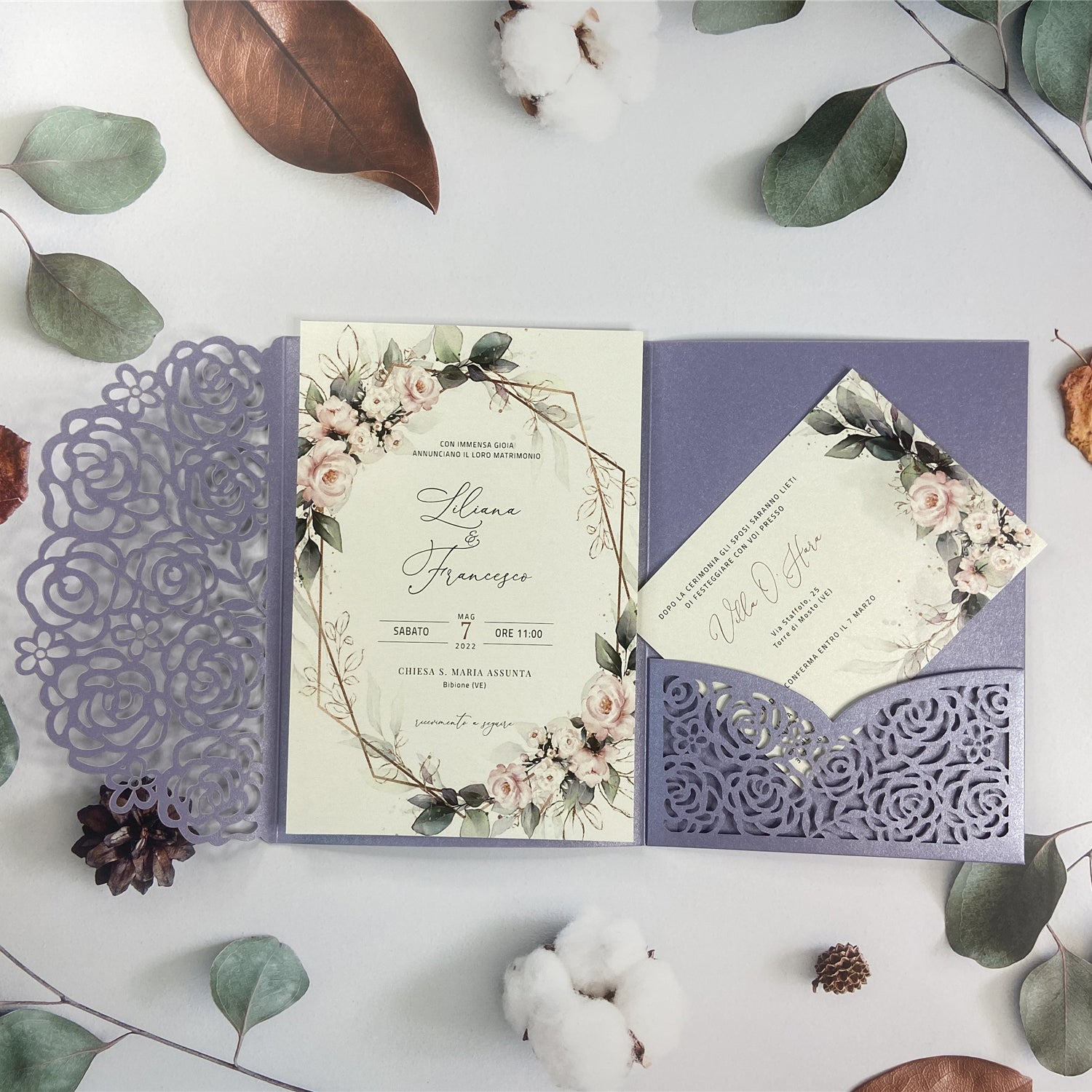 Elegant Purple Laser Cut Pocket Fold with Pink Flowers and Greenery Designs LCZ228