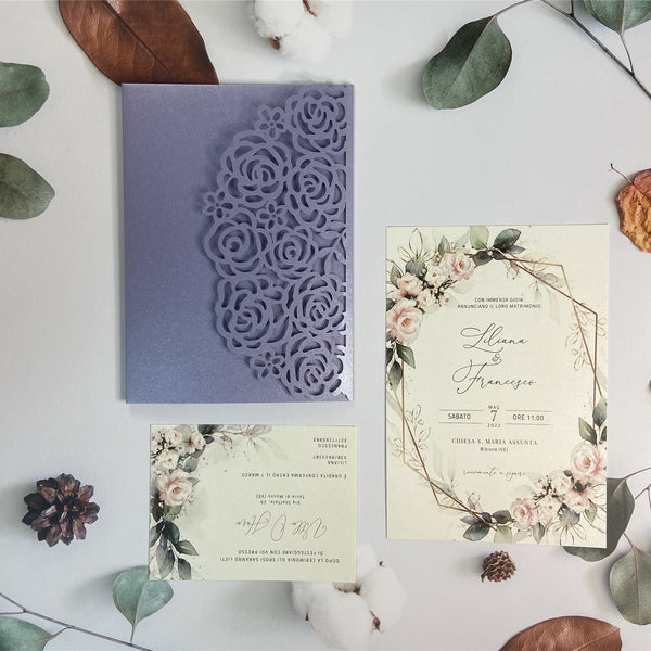 Elegant Purple Laser Cut Pocket Fold with Pink Flowers and Greenery Designs LCZ228