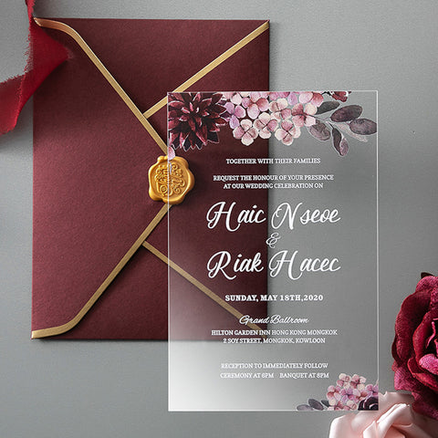 Formal Acrylic Wedding Invitation with Gold Foil and Burgundy Pocket A044