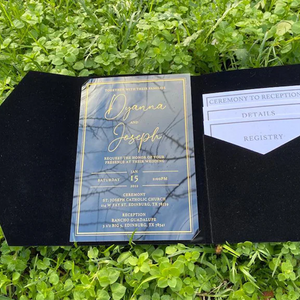 Formal Clear Acrylic Wedding Invitation with Black Velvet Pocket Envelope A021