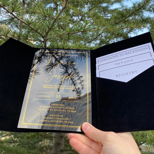 Formal Clear Acrylic Wedding Invitation with Black Velvet Pocket Envelope A021