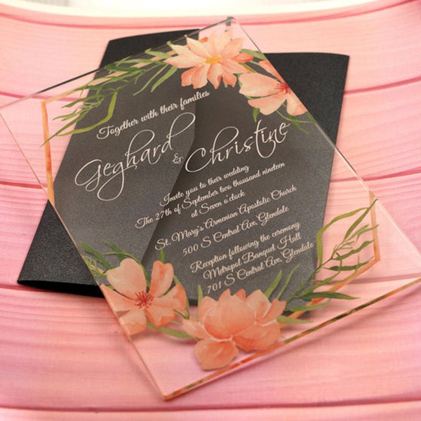 Refreshing Clear Acrylic Wedding Invitation with Peach Blssom A027