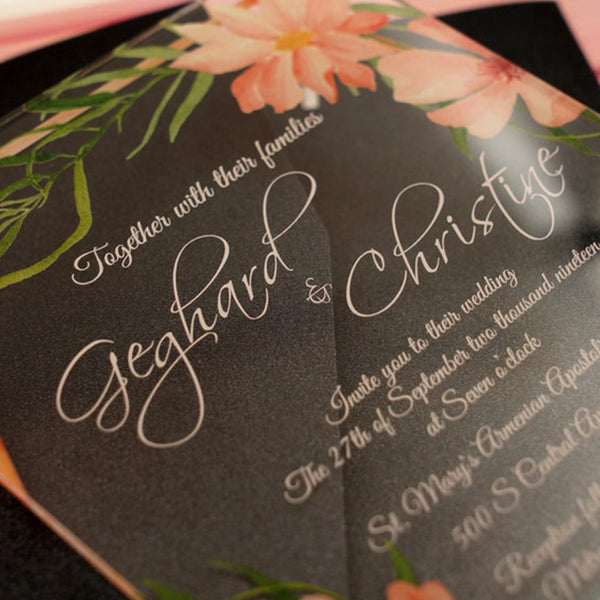 Refreshing Clear Acrylic Wedding Invitation with Peach Blssom A027