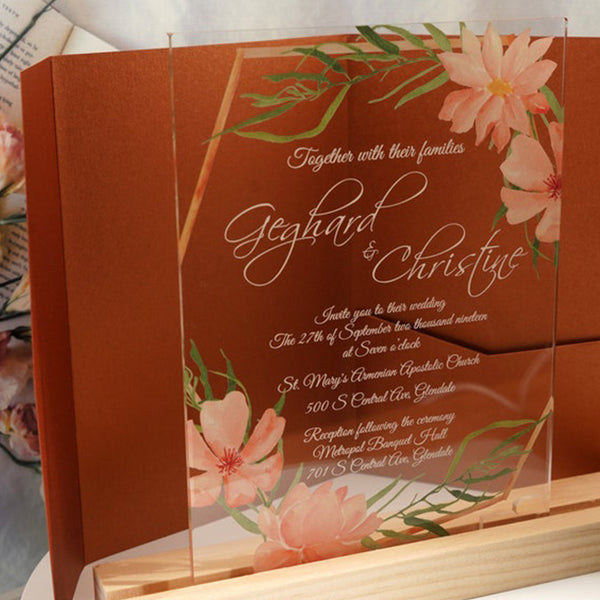 Refreshing Clear Acrylic Wedding Invitation with Peach Blssom A027