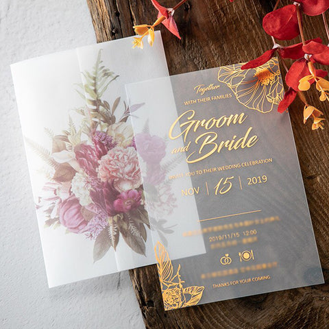 Frosted Floral Acrylic Wedding Invitations with Vellum Pocket A036