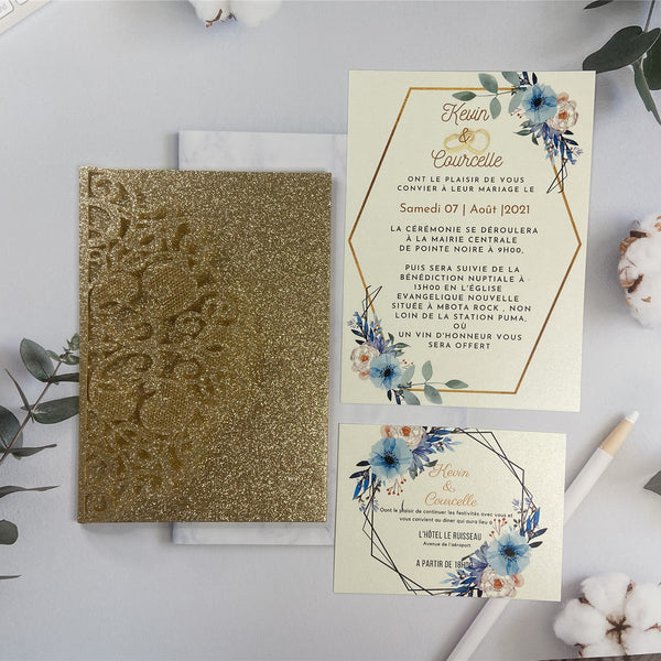 Glittery Gold Laser Cut Fold Pocket with Blue Floral Wedding Invites LCZ225