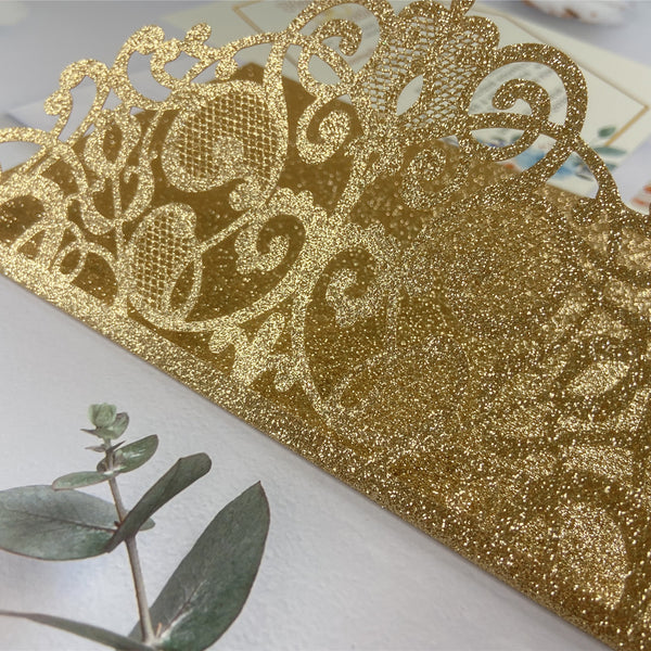 Glittery Gold Laser Cut Fold Pocket with Blue Floral Wedding Invites LCZ225