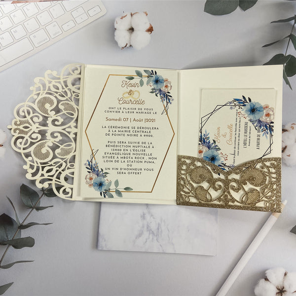 Glittery Gold Laser Cut Fold Pocket with Blue Floral Wedding Invites LCZ225