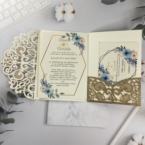 Glittery Gold Laser Cut Fold Pocket with Blue Floral Wedding Invites LCZ225