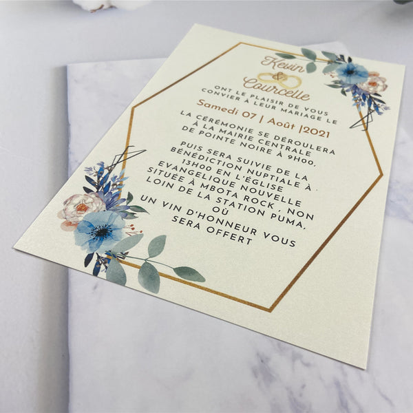 Glittery Gold Laser Cut Fold Pocket with Blue Floral Wedding Invites LCZ225