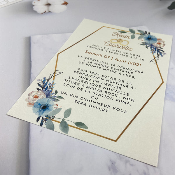 Glittery Gold Laser Cut Fold Pocket with Blue Floral Wedding Invites LCZ225