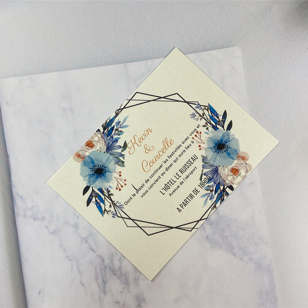 Glittery Gold Laser Cut Fold Pocket with Blue Floral Wedding Invites LCZ225