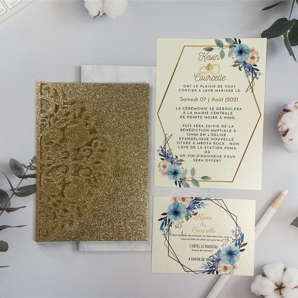 Glittery Gold Laser Cut Fold Pocket with Blue Floral Wedding Invites LCZ225