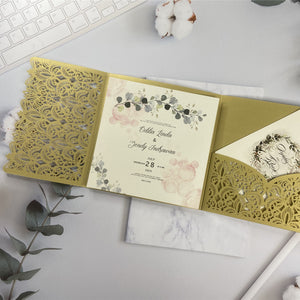 Gold Square Tri-Fold Pocket Laser Cut Wedding Invitation Greenery Design LCZ223