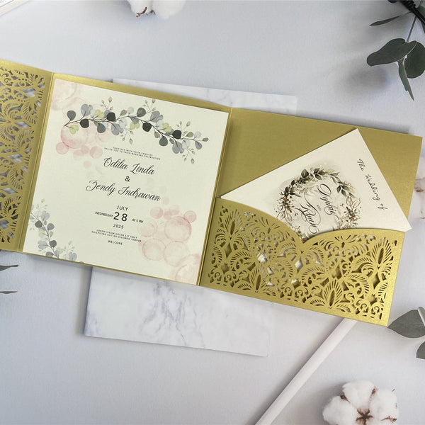 Gold Square Tri-Fold Pocket Laser Cut Wedding Invitation Greenery Design LCZ223