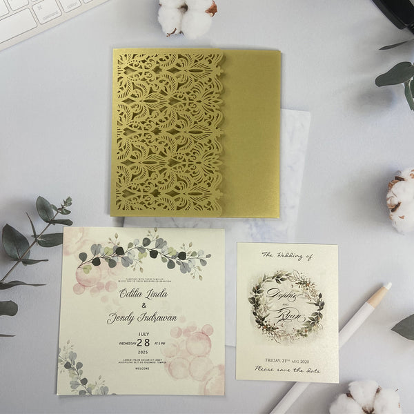 Gold Square Tri-Fold Pocket Laser Cut Wedding Invitation Greenery Design LCZ223