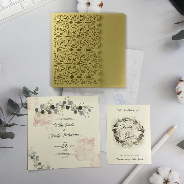 Gold Square Tri-Fold Pocket Laser Cut Wedding Invitation Greenery Design LCZ223