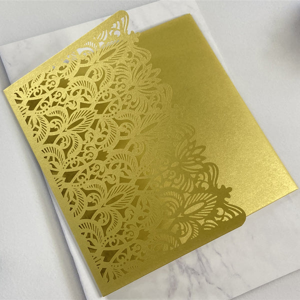 Gold Square Tri-Fold Pocket Laser Cut Wedding Invitation Greenery Design LCZ223