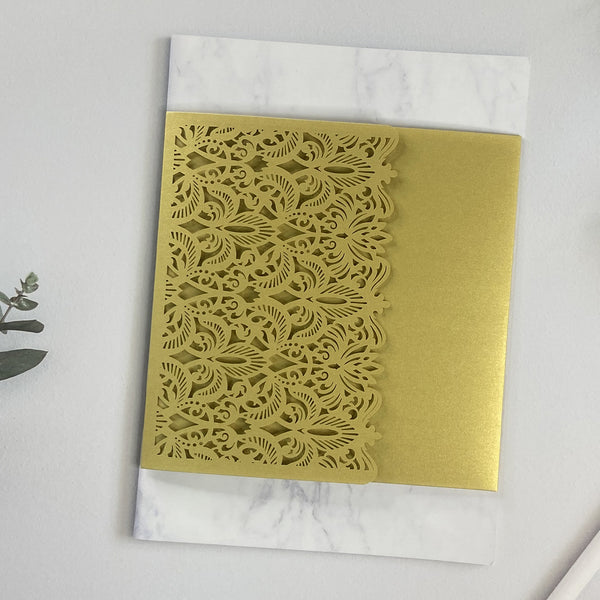 Gold Square Tri-Fold Pocket Laser Cut Wedding Invitation Greenery Design LCZ223