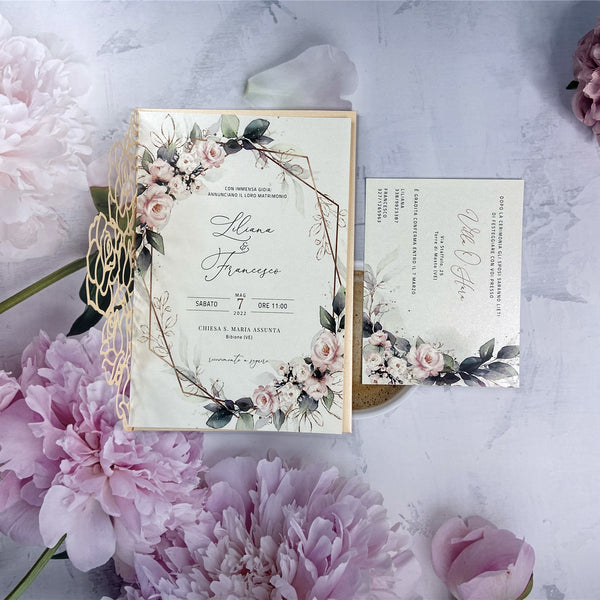 Ivory Cream Rose Cutout Laser Cut Wedding Invitation with Greenery and Pink Floral Pattern LCZ243