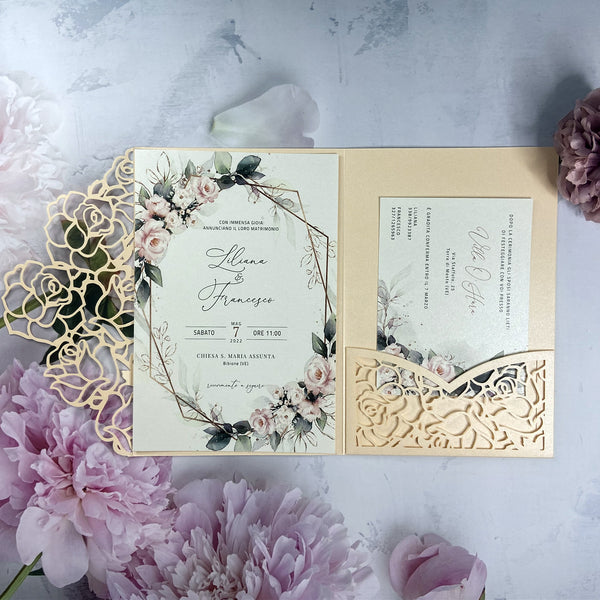 Ivory Cream Rose Cutout Laser Cut Wedding Invitation with Greenery and Pink Floral Pattern LCZ243