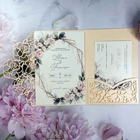 Ivory Cream Rose Cutout Laser Cut Wedding Invitation with Greenery and Pink Floral Pattern LCZ243