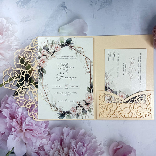 Ivory Cream Rose Cutout Laser Cut Wedding Invitation with Greenery and Pink Floral Pattern LCZ243