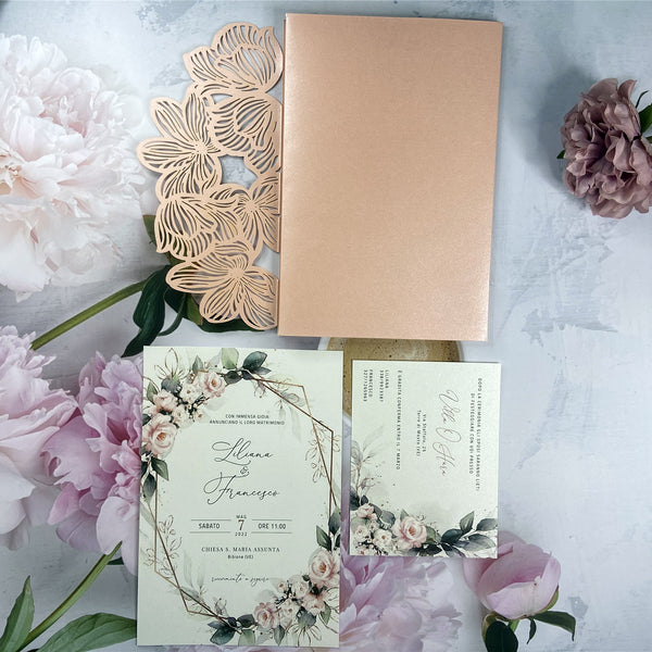 Light Pink Laser Cut Pocket and Pink Floral Wedding Invitations with Flower Cutout Design LCZ244